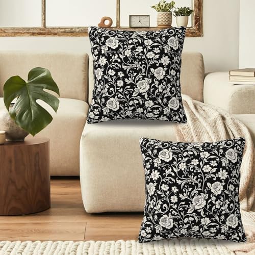 KiuLoam Black Cream Floral Pillow Covers 20x20 Set of 2 Modern Vintage