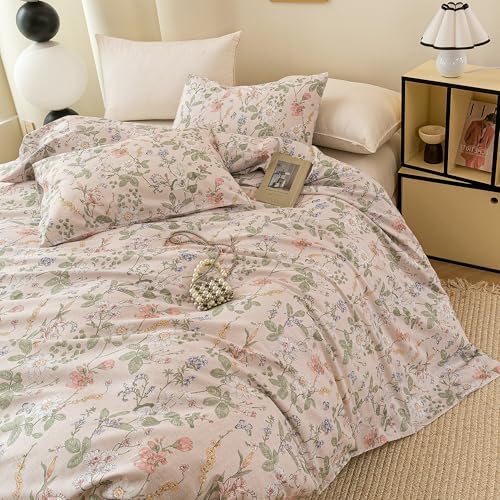 ECOCOTT Floral Duvet Cover Queen Size, 100% Washed Cotton 3 Piece