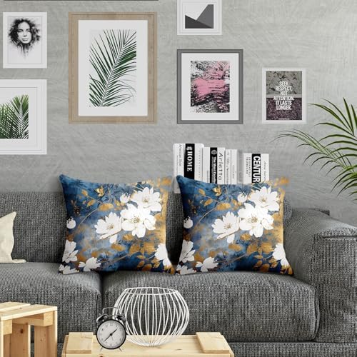 Blue Flower Throw Pillow Covers 20x20 inch Set of 2 Abstract Gold Leaf