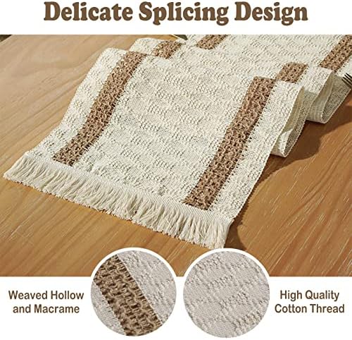 Boho Burlap Macrame Table Runner, Farmhouse Style Cotton Linen Rustic