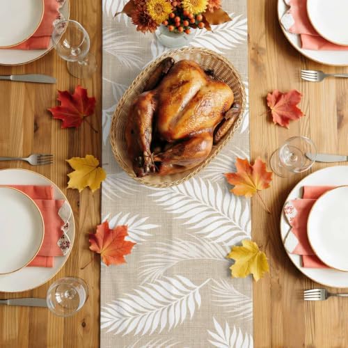 Beige Leaves Table Runner 108 Inch Long Dresser Scarves Linen