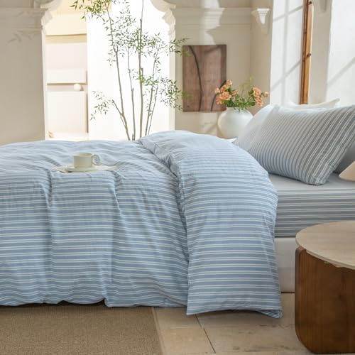 Luxury 100% Washed Cotton Linen Like Duvet Cover Set,3 Pcs Striped