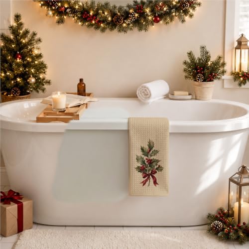 Neutral Holly Berry Christmas Decorative Kitchen Towels 16x24 Inch