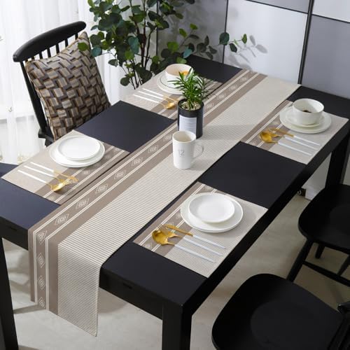 Brown Striped Table Runner and Placemats for Dining Table, Burlap