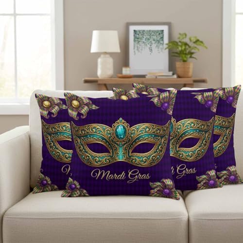 Teal Mardi Gras Mask Throw Pillow Covers 18x18 inch Set of 4, Purple