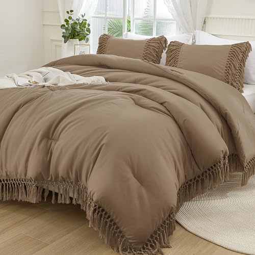 Andency Taupe Comforter Set King, 3 Pieces Boho Tassel Bedding