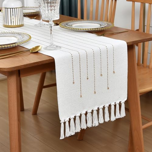 Boho Table Runner Natural Cotton Woven Runner with HandmadeTassels for