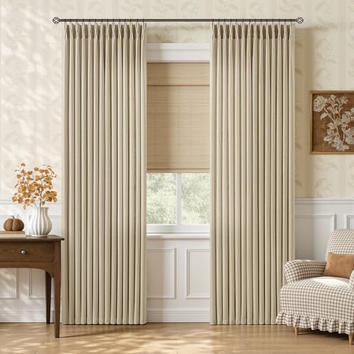 Oatmeal Pleated Semi Sheer Linen Farmhouse Curtains 84 Inches 2 Panels