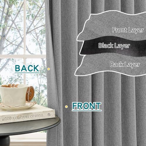 MUMFAS Grey 100% Blackout Pinch Pleated Linen Curtains 84 Inches Long