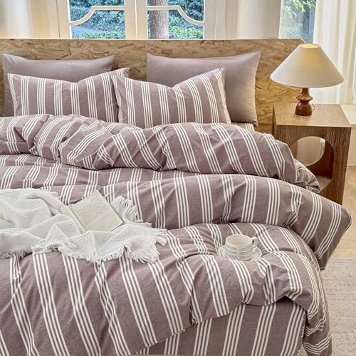 Striped Duvet Cover Set 100% Washed Cotton Linen Like Super Soft Chic