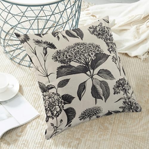 Floral Pillow Covers 20x20 Set of 2 Vintage Black Hydrangea Herbs