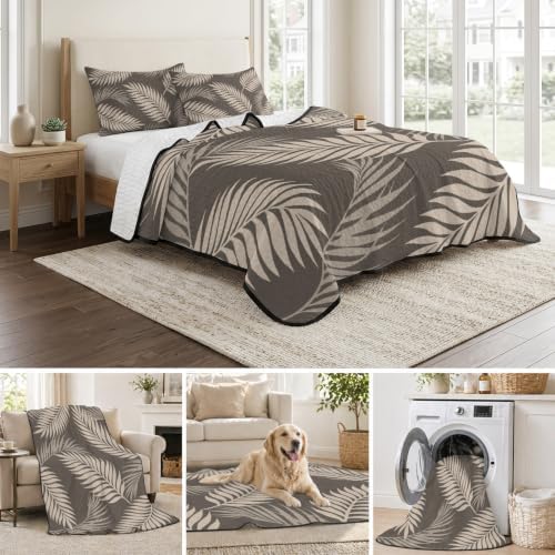 Quilts King Size Bedding Set, Rustic Palm Leaves Lightweight Quilted