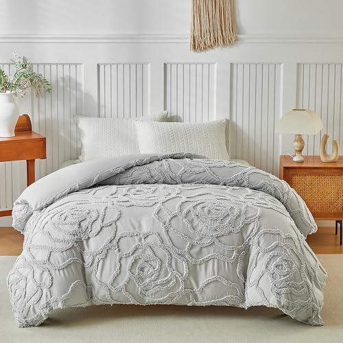 Tufted Boho Duvet Cover Set 3 Pieces, Gray Jacquard Embroidery