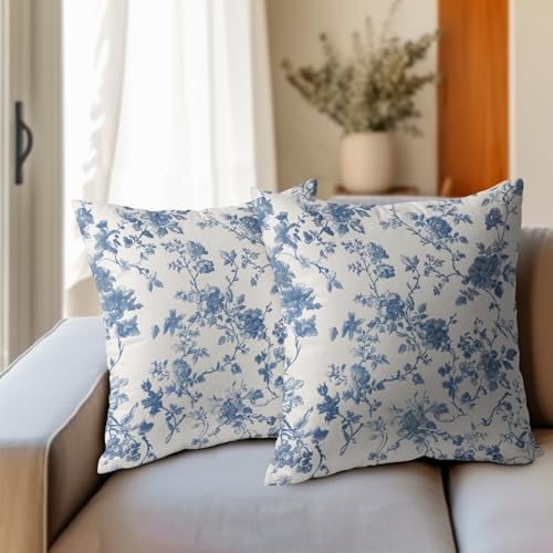 Kawani Blue Floral Pillow Covers 20x20 Inch Set of 2 Blue and Cream