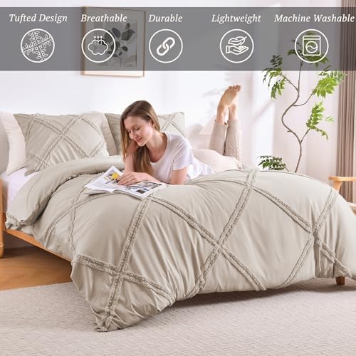 MILDLY Boho Duvet Cover Oatmeal - Tufted Geometric Textured Full Size