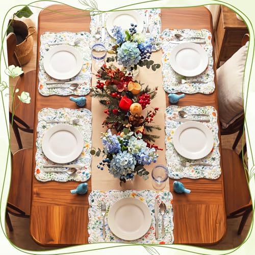 Quilted Placemat Set of 6, Large Scalloped, Wildflowers