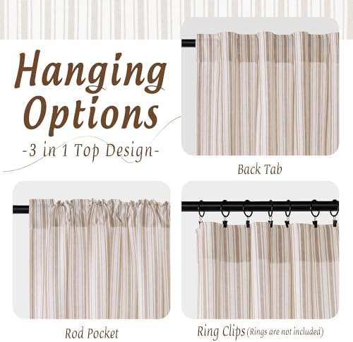 StangH Tan Linen Blend Stripe Curtains for Bedroom, W52 x L63, 2