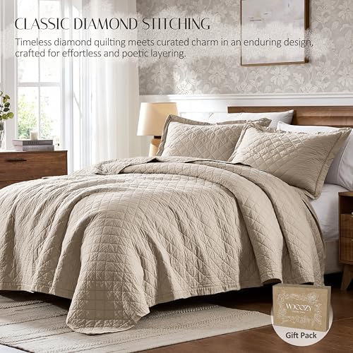 WDCOZY 100% Cotton Quilt Set, Pre-Washed, Cal King, Beige, 3 Pieces