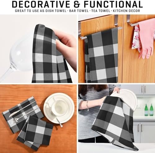 Kitchen Towels and Dishcloths Set, Black White Grey Plaid