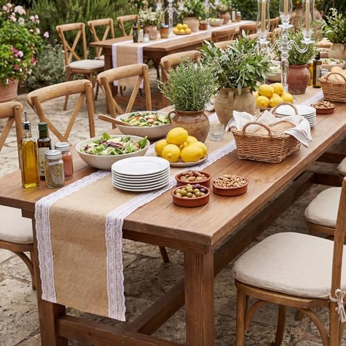 Tatuo 6 Pcs Burlap Table Runners with Lace 12 x 72 Rustic Jute, Cute