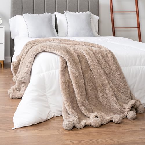 PAVILIA Soft Sherpa Twin Blanket with Pom Pom for Couch Bed, Taupe