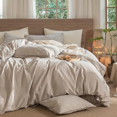 MooMee Jacquard Duvet Cover Set 100% Washed Cotton Linen Like Cal King