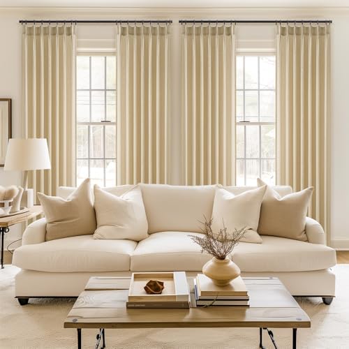 96 Inches Long Pinch Pleated Semi Sheer Curtains,Beige Light Linen