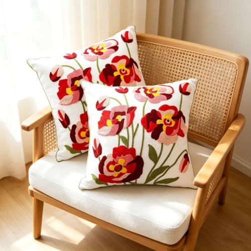 Embroidered Throw Pillow Cover 2PCS 18x18 Inch Floral Cotton Pillow