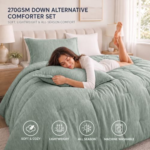 CozyLux California King Comforter Set, Heathered Sage Green, 3 Pieces