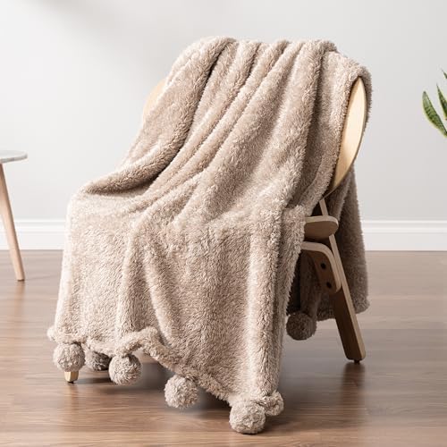 PAVILIA Soft Sherpa Twin Blanket with Pom Pom for Couch Bed, Taupe