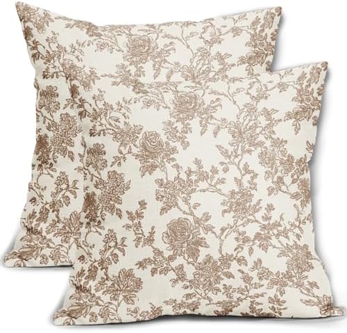 Light Brown Floral Pillow Covers 20x20 Set of 2 Vintage Flower Design