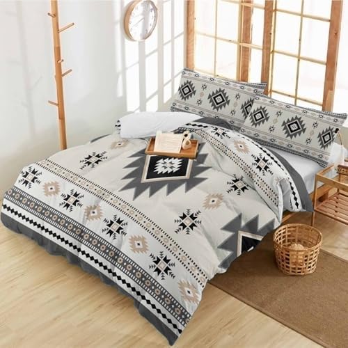 Duvet Cover Set Full, Ethnic Gray Aztec Geometric 3 Piece Bedding Set