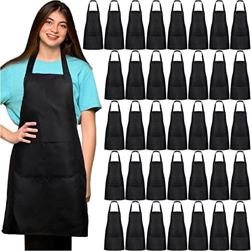 JaGely 36 Pcs Black Bib Aprons with 2 Pockets, Unisex Washable
