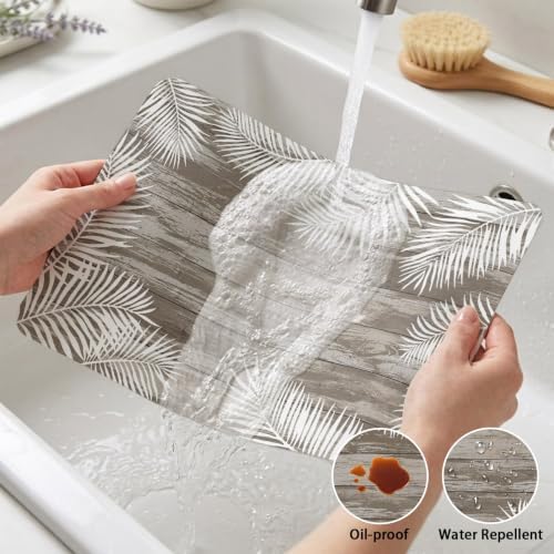 Minimalist White Palm Leaves Leather Placemats Set of 6, 12x18 Inch