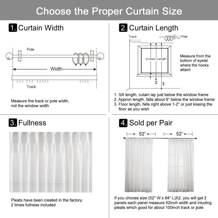 Double Pleats Sheer Curtains 96 inches Long, Cream Semi Window