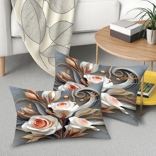 Elegant Floral Throw Pillow Covers Set of 2, Cream and Rose Gold