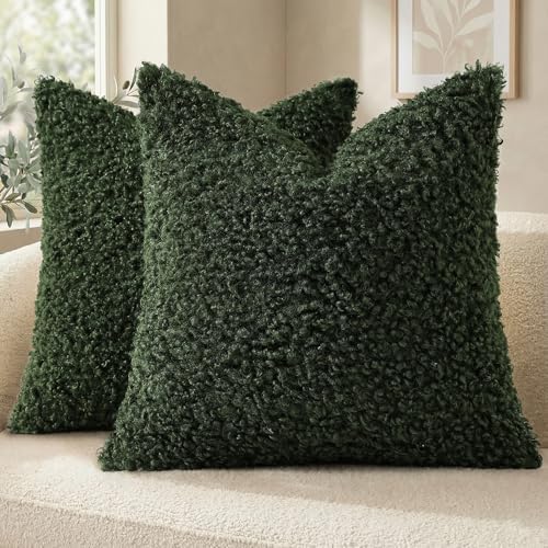 decorUhome Sherpa Decorative Throw Pillow Covers 22x22 Set of 2 Olive