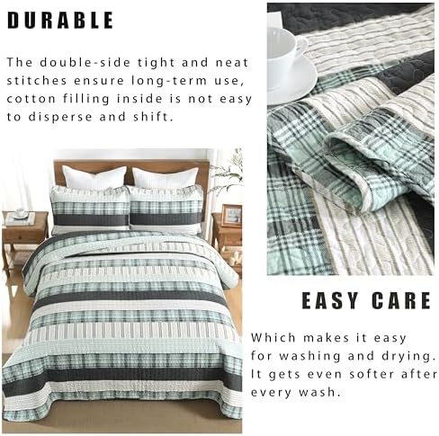 Homzard King Size Quilt Set 100% Cotton Striped Plaid Bedspread Set