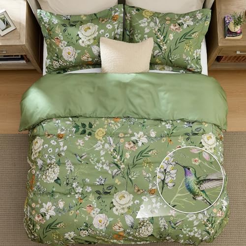 Bedsure Duvet Cover King Size - Reversible Green Floral&Bird Duvet