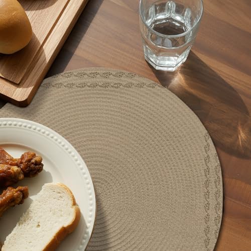 Round Placemats Set of 8 Beige Textured Woven Pattern Place Mats
