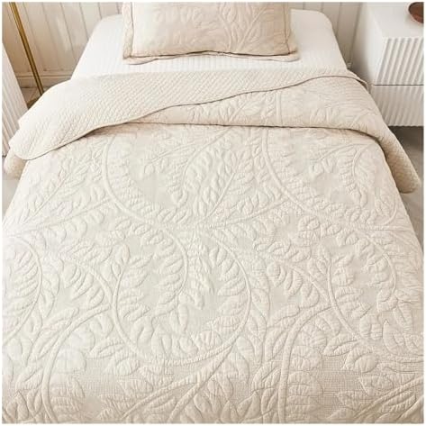 3-Piece Cotton Twin Quilt Set Embroidered Quilted Bedding Bedspread