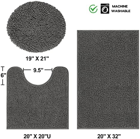 Bathroom Rugs 3 Sets, Non Slip Washable Chenille Bath Mat, Charcoal
