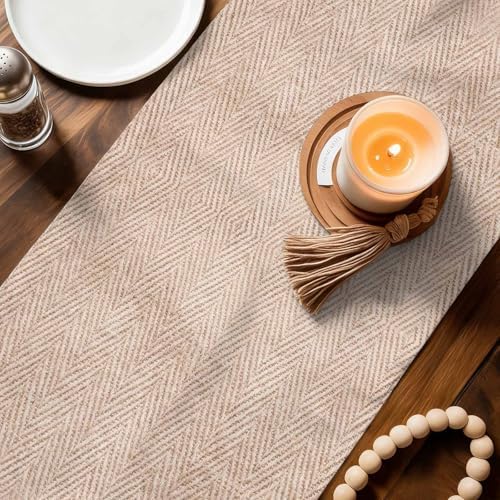 Beige Burlap Texture Table Runner 108 Inches, Farmhouse Nature Linen