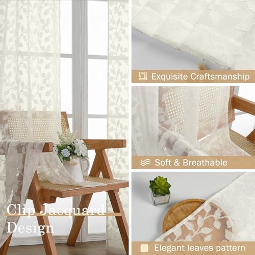 Chyhomenyc Ivory Sheer Curtains 96 Inch Length 2 Panels Set, Light