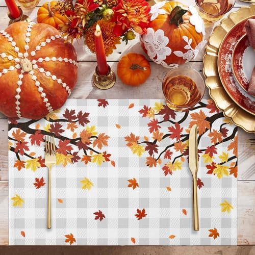 Placemats Set of 8, Thanksgiving Autumn Maple Leaf Washable Table Mats