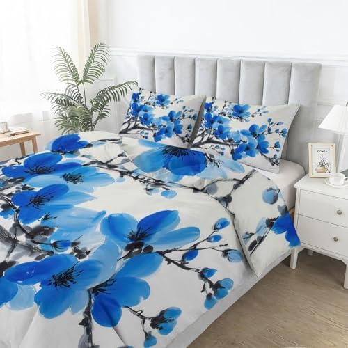 Light Gray Duvet Cover Set King Size, Plant Minimalist Branch Blue