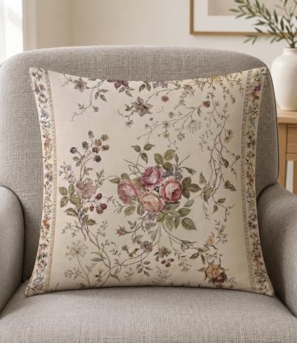 Vintage Rose Pillow Cover 18x18, French Country Botanical Print