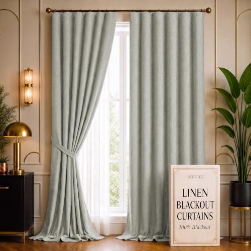 DECOLURE 100% Blackout Linen Curtains 120 Inches Long | Light Beige