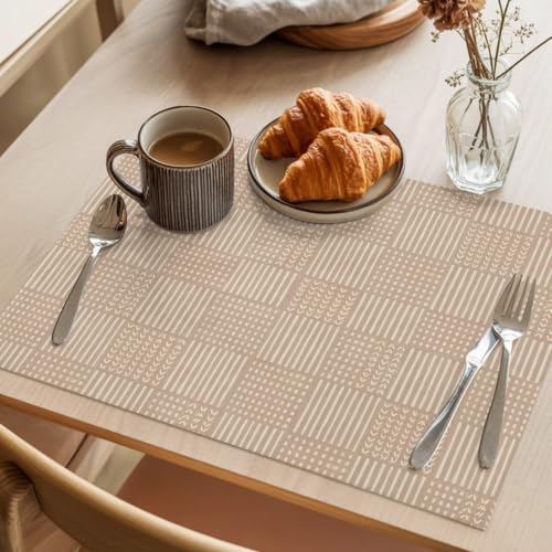Minimalist Gingham Placemats Set of 8, Rustic Woven Grid Lines Beige