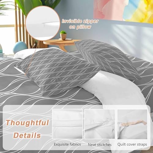 Wavy Lines Duvet Cover Set, Abstract Minimalist Pattern Gray Soft